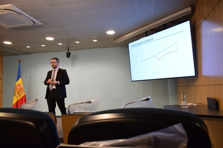 El ministre de Finances, Eric Jover, en la presentació del projecte de llei del pressupost 2020.